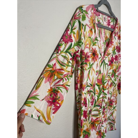 J Crew Tunic Top Size M Red Pink Floral Crepe V Neck 3/4 Length Sleeve Blouse - Picture 5 of 9